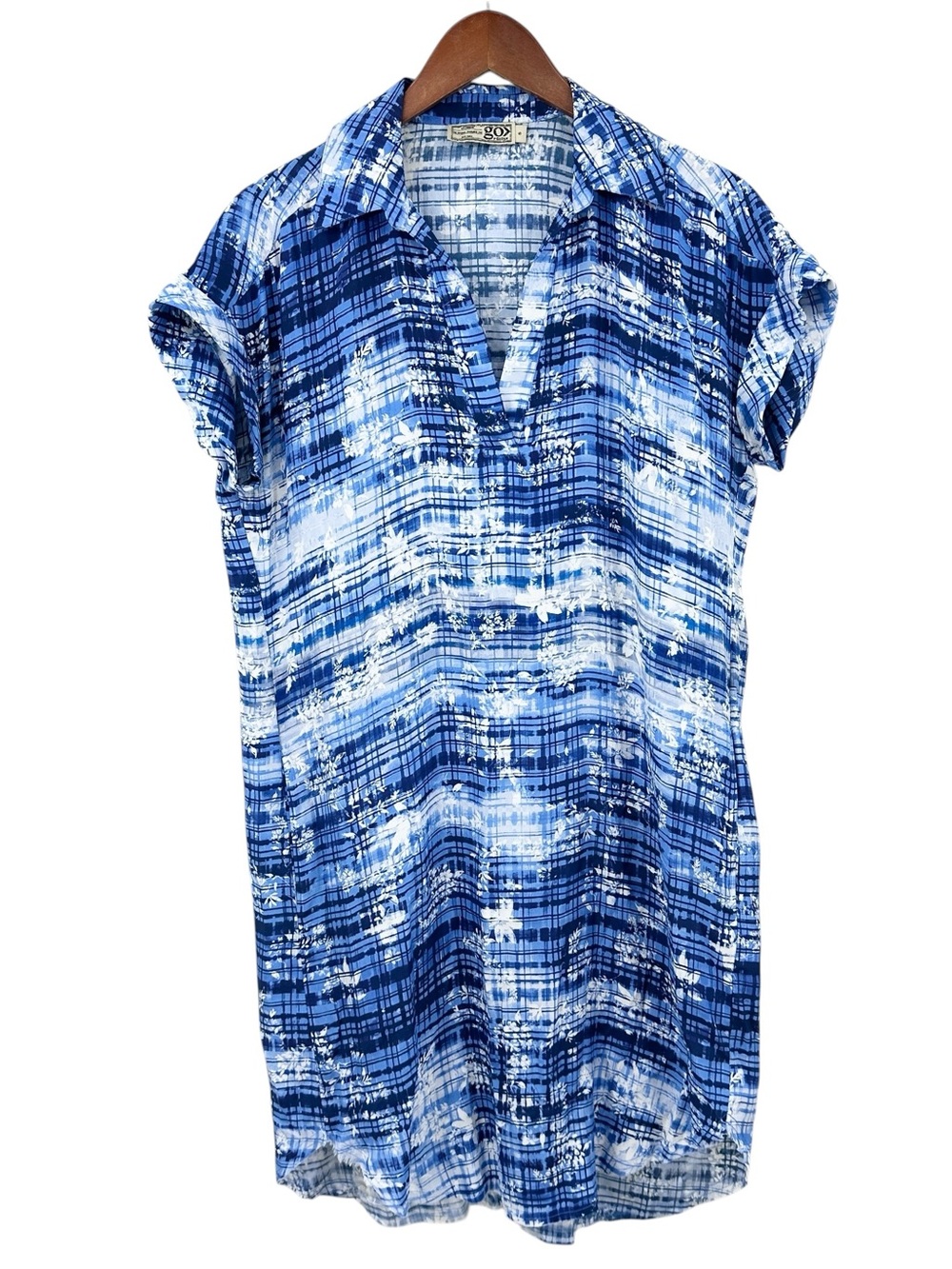 GO BY GO SILK Shift Dress Polo Print Short Sleeve Blue White